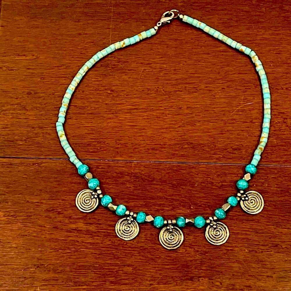 vintage Turquoise and Silver Beaded Necklace